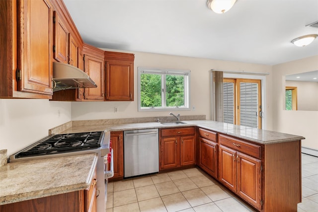 14 Cheesecote Ct, Stony Point, NY 10980 - kitchen featuring stainless steel appliances, under cabinet range hood, a peninsula, a sink, and light countertops