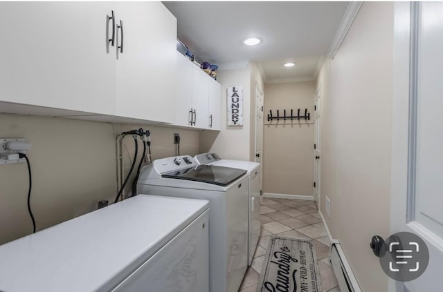 10 Woods Edge Ct, Hauppauge, NY 11788 - washroom featuring cabinet space, crown molding, washer and dryer, light tile patterned floors, and baseboard heating