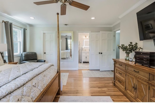 10 Woods Edge Ct, Hauppauge, NY 11788 - bedroom with light wood-style flooring, ornamental molding, recessed lighting, ensuite bath, and ceiling fan