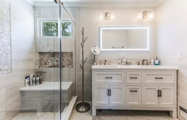 10 Woods Edge Ct, Hauppauge, NY 11788 - full bathroom with a shower stall, double vanity, and crown molding