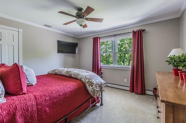 10 Woods Edge Ct, Hauppauge, NY 11788 - bedroom featuring light colored carpet, baseboard heating, ornamental molding, and a ceiling fan