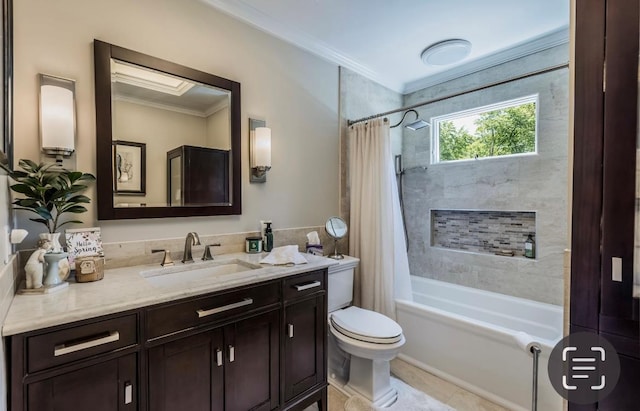 10 Woods Edge Ct, Hauppauge, NY 11788 - full bath with ornamental molding, toilet, vanity, shower / tub combo with curtain, and tile patterned floors
