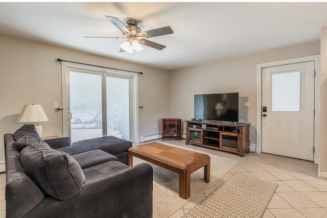 10 Woods Edge Ct, Hauppauge, NY 11788 - living area featuring ceiling fan, a baseboard heating unit, light tile patterned flooring, and baseboards