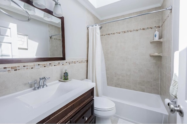 10 Woods Edge Ct, Hauppauge, NY 11788 - full bathroom with vanity, shower / bathtub combination with curtain, toilet, and ornamental molding