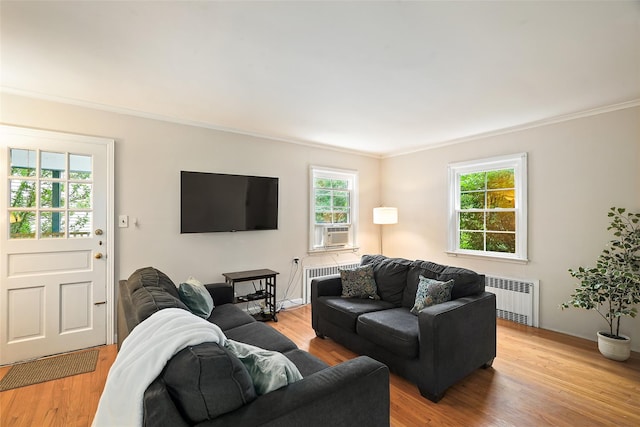 329 Simpson Pl, Peekskill, NY 10566 - living area with radiator heating unit, ornamental molding, light wood-type flooring, and cooling unit