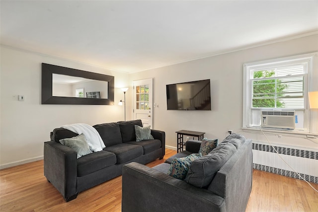 329 Simpson Pl, Peekskill, NY 10566 - living room featuring cooling unit, radiator, light wood finished floors, healthy amount of natural light, and ornamental molding