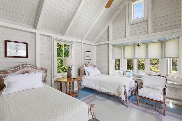 0 Atlantic Walk, Water Island, NY 11772 - bedroom featuring high vaulted ceiling, wood ceiling with exposed beams, and wooden walls