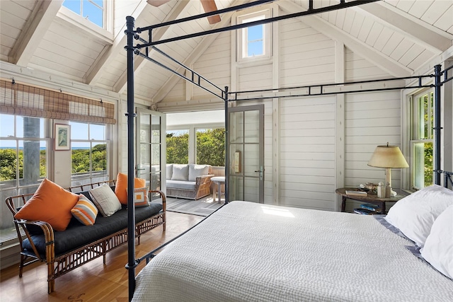 0 Atlantic Walk, Water Island, NY 11772 - bedroom featuring wood finished floors, high vaulted ceiling, and wooden ceiling with exposed beams