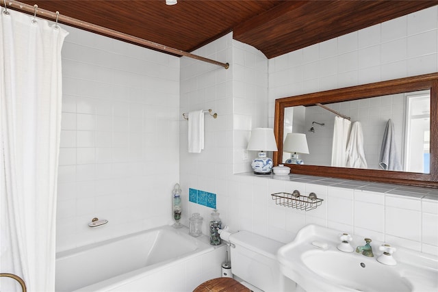 0 Atlantic Walk, Water Island, NY 11772 - full bathroom featuring wood ceiling, shower / tub combo with curtain, tile walls, and a sink