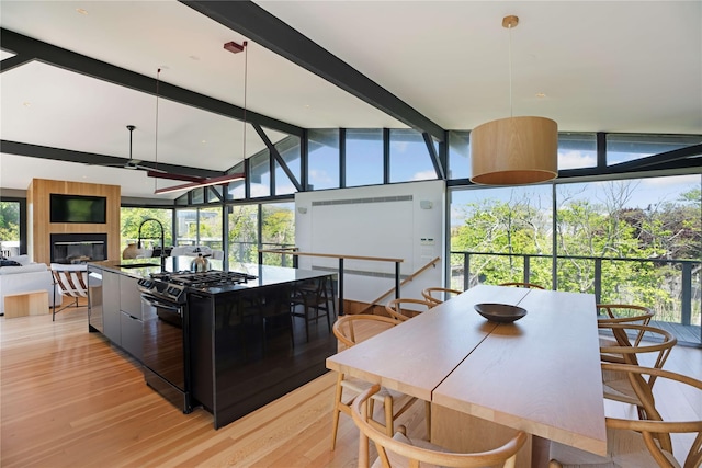 490 Tarpon Walk, Fire Island Pines, NY 11782 - kitchen with black gas stove, light wood-style floors, a sink, a kitchen island, and a fireplace