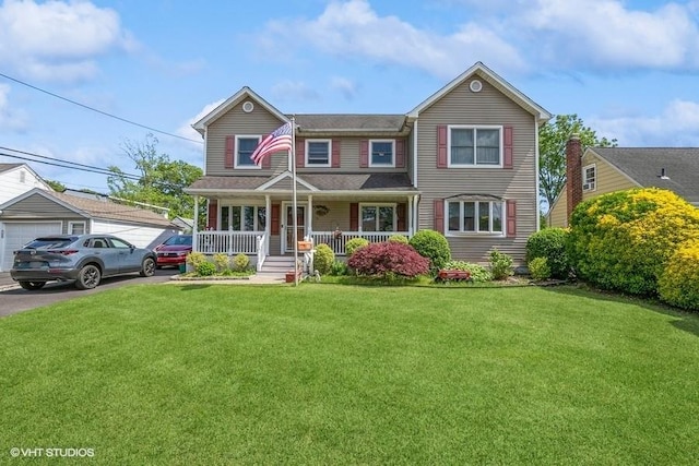 2976 Ruth Rd, Wantagh, NY 11793 - view of front facade with covered porch, a front yard, and a detached garage