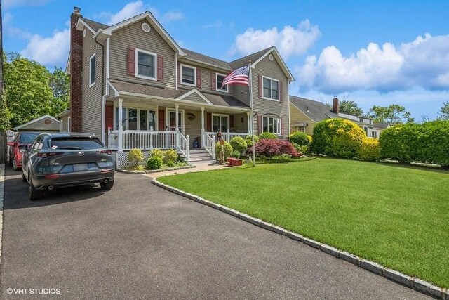 2976 Ruth Rd, Wantagh, NY 11793 - view of front facade with a porch, a chimney, and a front lawn