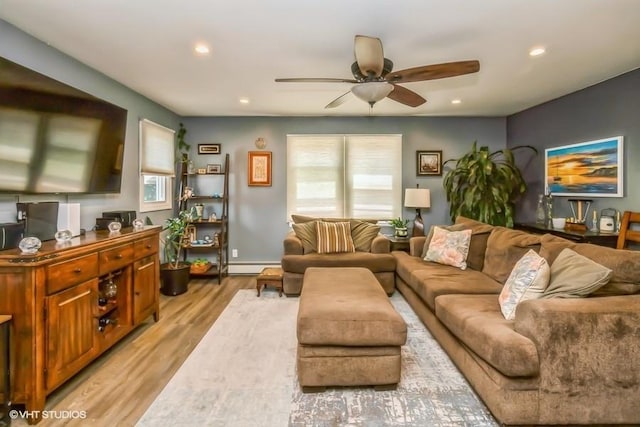 2976 Ruth Rd, Wantagh, NY 11793 - living area featuring ceiling fan, light wood-type flooring, baseboard heating, and recessed lighting