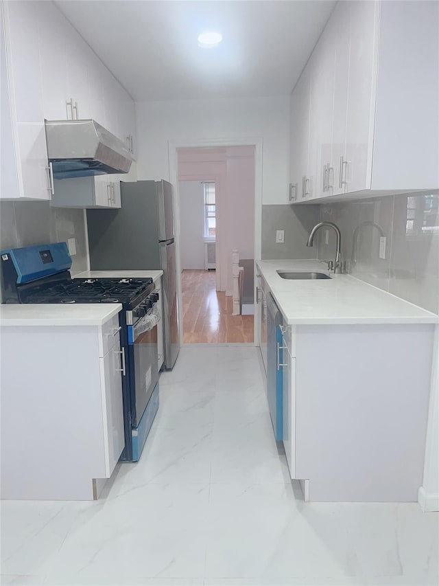 6848 Selfridge St, Forest Hills, NY 11375 - kitchen featuring black gas stove, a sink, range hood, and white cabinets