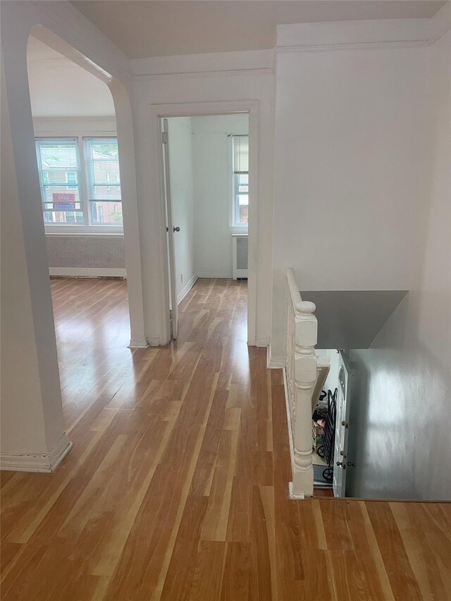 6848 Selfridge St, Forest Hills, NY 11375 - corridor featuring arched walkways, light wood-style floors, plenty of natural light, and radiator heating unit