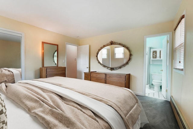 304 Cloverdale Ct, New Windsor, NY 12553 - bedroom with a baseboard radiator, dark colored carpet, and connected bathroom