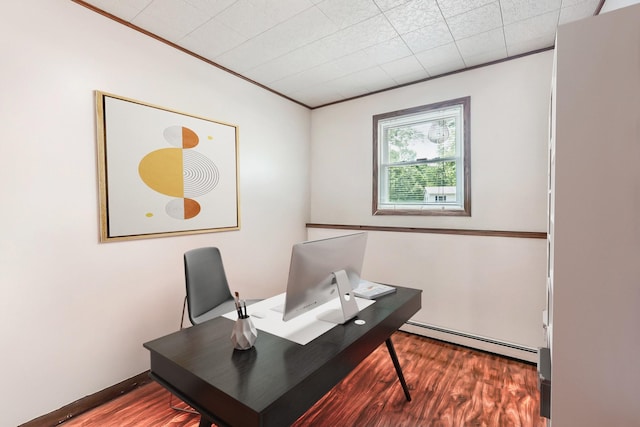 304 Cloverdale Ct, New Windsor, NY 12553 - office area featuring baseboard heating, wood finished floors, and ornamental molding