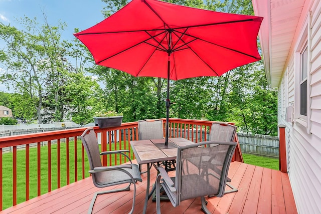 304 Cloverdale Ct, New Windsor, NY 12553 - deck featuring outdoor dining space, a fenced backyard, and view of wooded area
