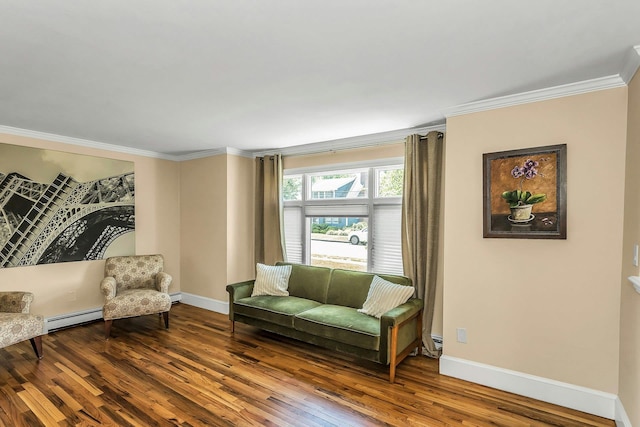 14 Troy Ct, Northport, NY 11768 - living area with baseboard heating, crown molding, wood finished floors, and baseboards