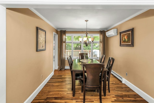 14 Troy Ct, Northport, NY 11768 - dining room featuring a wall unit AC, a chandelier, baseboards, dark wood-style floors, and crown molding