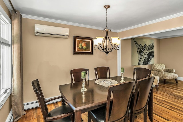 14 Troy Ct, Northport, NY 11768 - dining area with a wall unit AC, a chandelier, wood finished floors, crown molding, and baseboards