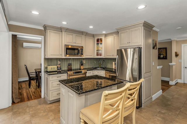 14 Troy Ct, Northport, NY 11768 - kitchen with stainless steel appliances, a wall mounted air conditioner, a baseboard radiator, baseboards, and a sink