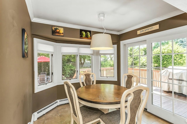 14 Troy Ct, Northport, NY 11768 - dining space with healthy amount of natural light, ornamental molding, a baseboard radiator, baseboards, and light tile patterned floors