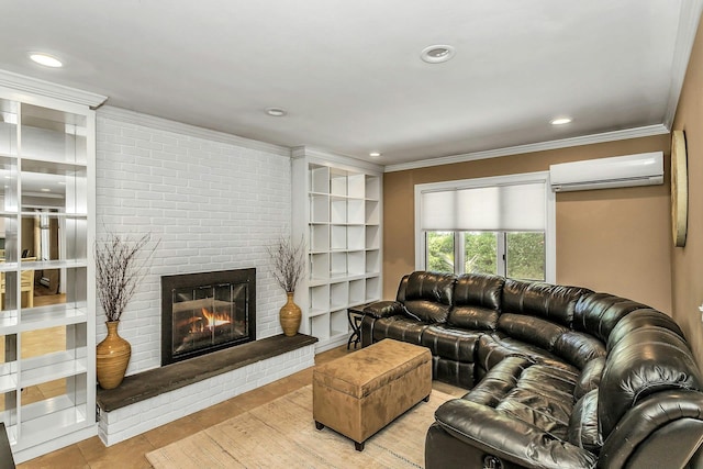 14 Troy Ct, Northport, NY 11768 - living room featuring an AC wall unit, ornamental molding, a fireplace, and recessed lighting