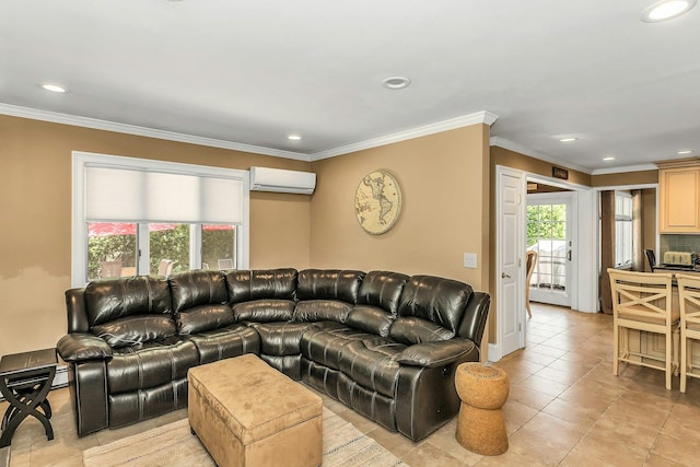 14 Troy Ct, Northport, NY 11768 - living room featuring a wall mounted air conditioner, ornamental molding, recessed lighting, and light tile patterned floors