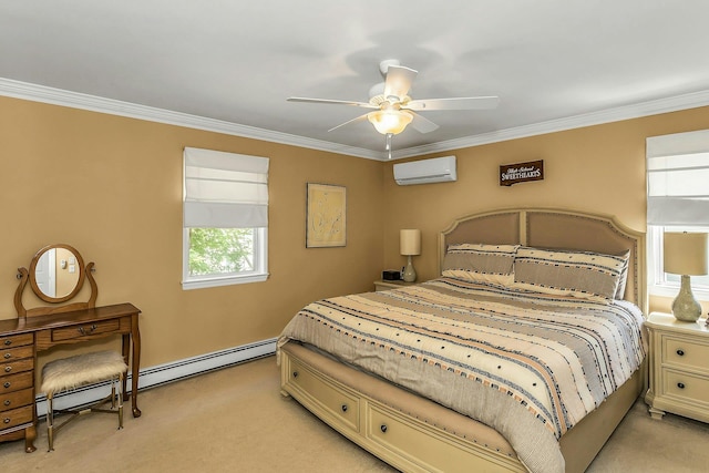 14 Troy Ct, Northport, NY 11768 - bedroom featuring an AC wall unit, light carpet, ornamental molding, and ceiling fan