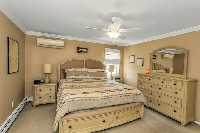 14 Troy Ct, Northport, NY 11768 - bedroom with a wall unit AC, baseboard heating, light carpet, ornamental molding, and baseboards