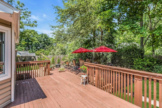 14 Troy Ct, Northport, NY 11768 - wooden deck with a fenced backyard, view of scattered trees, and outdoor dining area