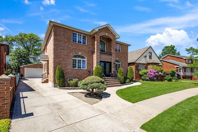 20407 29th Ave, Bayside, NY 11360 - view of front of home featuring brick siding, an outdoor structure, a front yard, and a detached garage