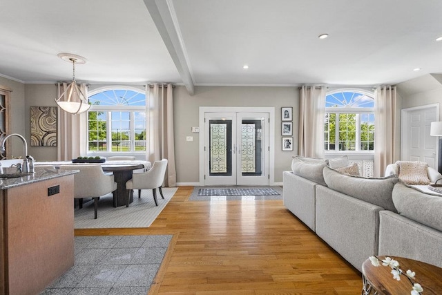 20407 29th Ave, Bayside, NY 11360 - living area with light wood-style flooring, recessed lighting, beamed ceiling, and baseboards