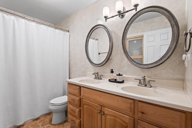 20407 29th Ave, Bayside, NY 11360 - full bathroom featuring tile walls, double vanity, toilet, and a shower with curtain