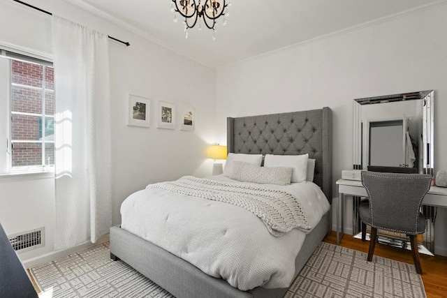 20407 29th Ave, Bayside, NY 11360 - bedroom with a chandelier, wood finished floors, and crown molding