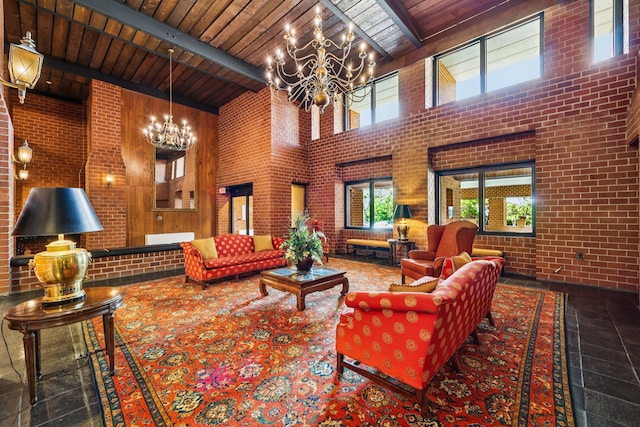 16 Rockledge Unit 3L-1, Ossining, NY 10562 - common area featuring brick wall, a high ceiling, and wood ceiling with exposed beams