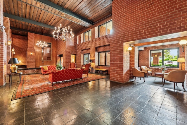 16 Rockledge Unit 3L-1, Ossining, NY 10562 - lobby featuring brick wall, a high ceiling, and wooden ceiling with exposed beams