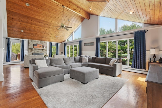 30 Sunrise Rdg, Florida, NY 10921 - living area with a baseboard radiator, wood ceiling with exposed beams, high vaulted ceiling, a ceiling fan, and wood-type flooring