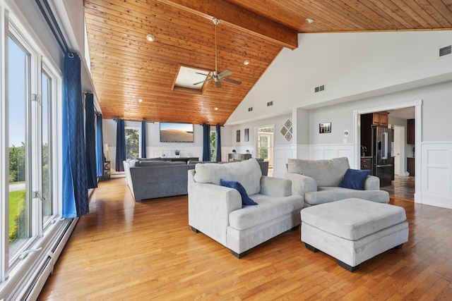 30 Sunrise Rdg, Florida, NY 10921 - living area with a ceiling fan, wood ceiling with exposed beams, healthy amount of natural light, light wood-style floors, and baseboard heating