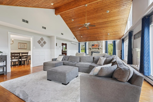 30 Sunrise Rdg, Florida, NY 10921 - living room featuring wooden ceiling with exposed beams, high vaulted ceiling, a wainscoted wall, a ceiling fan, and a stone fireplace
