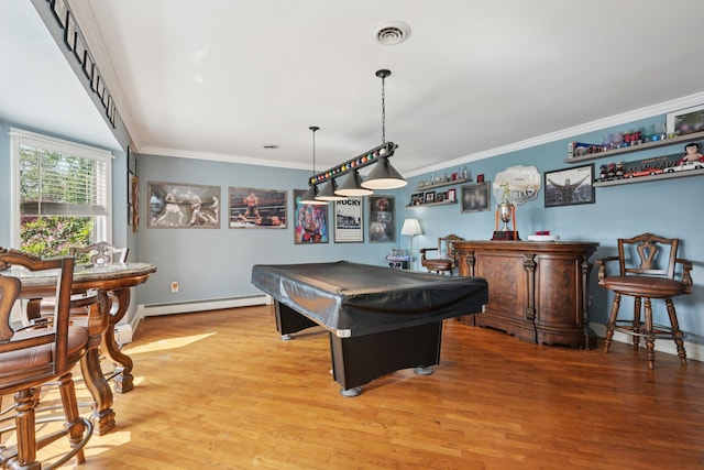 30 Sunrise Rdg, Florida, NY 10921 - recreation room with crown molding, a bar, a baseboard radiator, billiards table, and light wood-style flooring