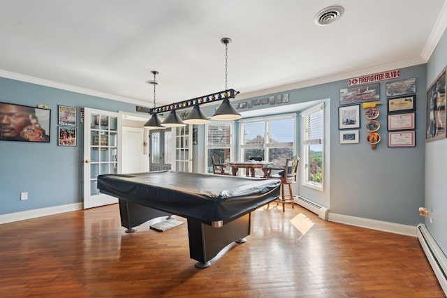 30 Sunrise Rdg, Florida, NY 10921 - game room featuring a baseboard heating unit, ornamental molding, wood finished floors, baseboards, and pool table