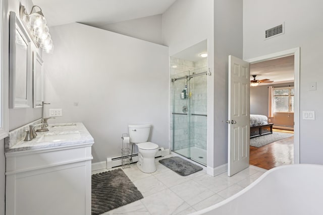 30 Sunrise Rdg, Florida, NY 10921 - bathroom featuring baseboard heating, a stall shower, a soaking tub, double vanity, and high vaulted ceiling