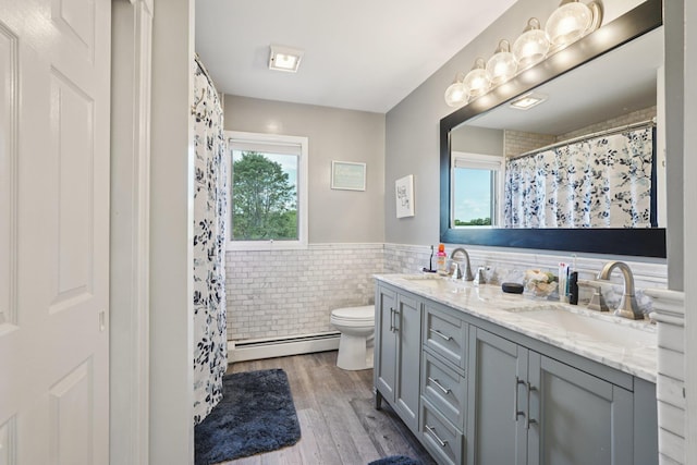 30 Sunrise Rdg, Florida, NY 10921 - full bathroom with a baseboard heating unit, tile walls, double vanity, toilet, and wood finished floors