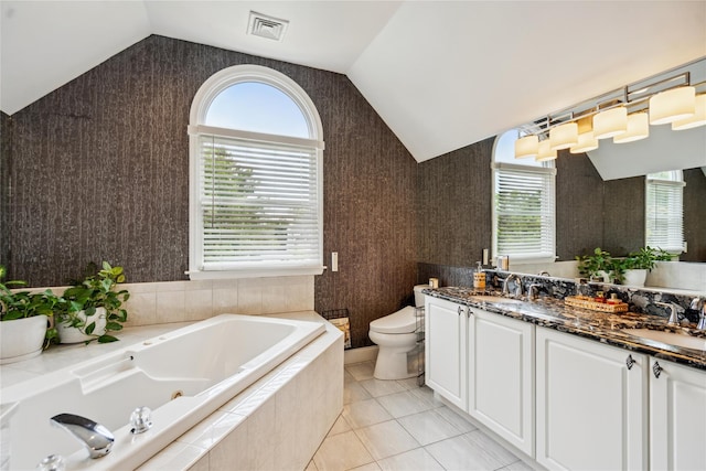 3 Sugar Maple Ct, Dix Hills, NY 11746 - bathroom with double vanity, vaulted ceiling, a whirlpool tub, tile patterned floors, and wallpapered walls