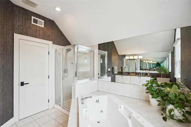 3 Sugar Maple Ct, Dix Hills, NY 11746 - bathroom with vaulted ceiling, a shower stall, vanity, a jetted tub, and a chandelier