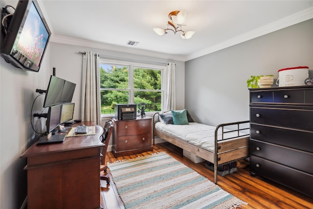 3 Sugar Maple Ct, Dix Hills, NY 11746 - bedroom featuring wood finished floors, ornamental molding, a chandelier, and a desk