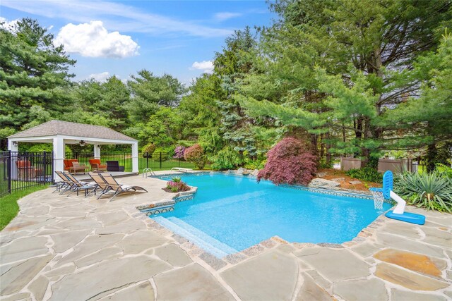 3 Sugar Maple Ct, Dix Hills, NY 11746 - view of swimming pool featuring a patio area, a gazebo, and ceiling fan