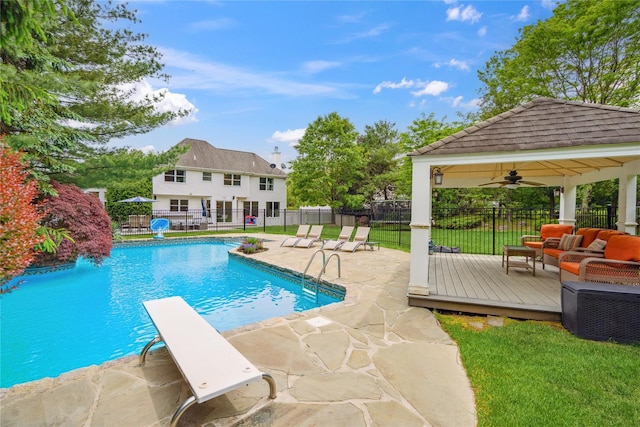 3 Sugar Maple Ct, Dix Hills, NY 11746 - view of swimming pool featuring a gazebo, outdoor lounge area, a wooden deck, a diving board, and a patio area